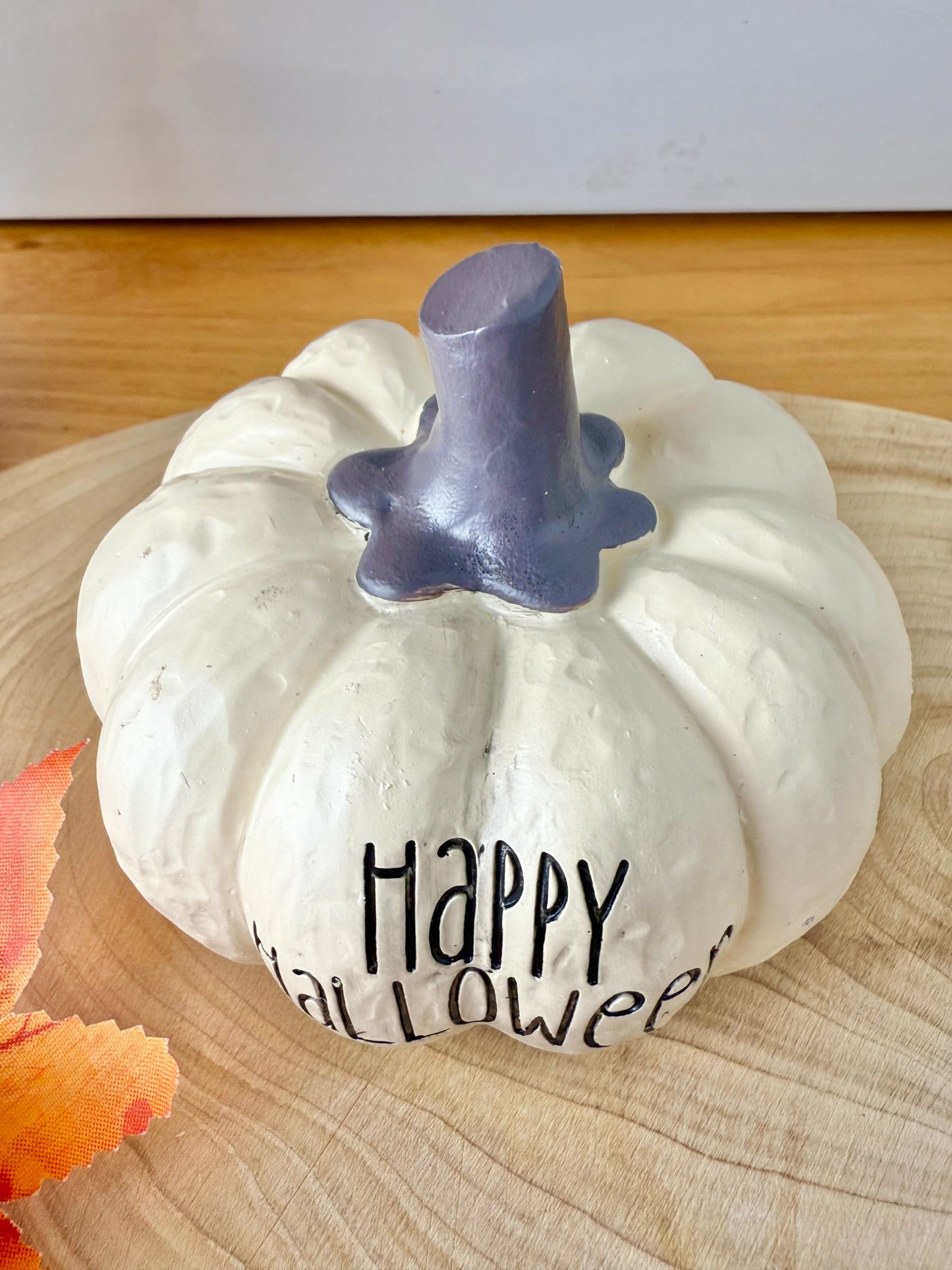 Happy Halloween Cream Pumpkin with grey stalk