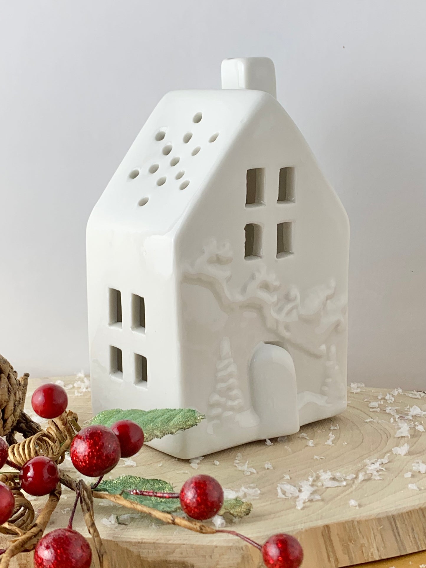 White Ceramic LED House with Santa & Sleigh - 2 sizes