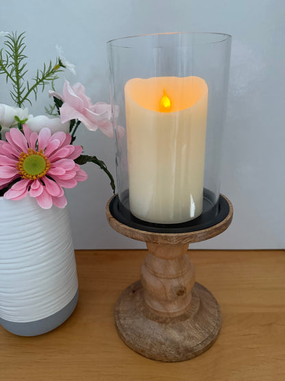 Glass & Wood Pillar Candle Holder