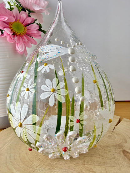 Blossom and Bloom hand painted Dragonfly glass teardrop with LED lights