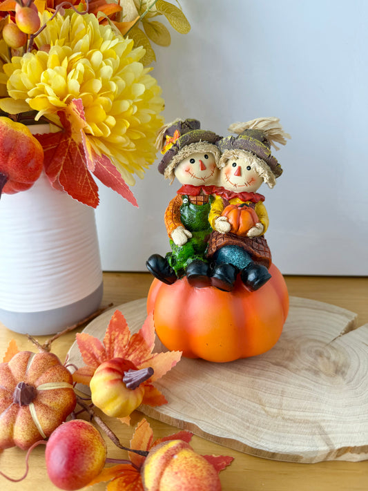 Harvest Scarecrow couple sat on a pumpkin