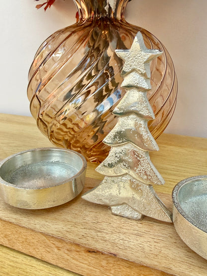 Wooden Silver Reindeer and Christmas Tree T-light holder
