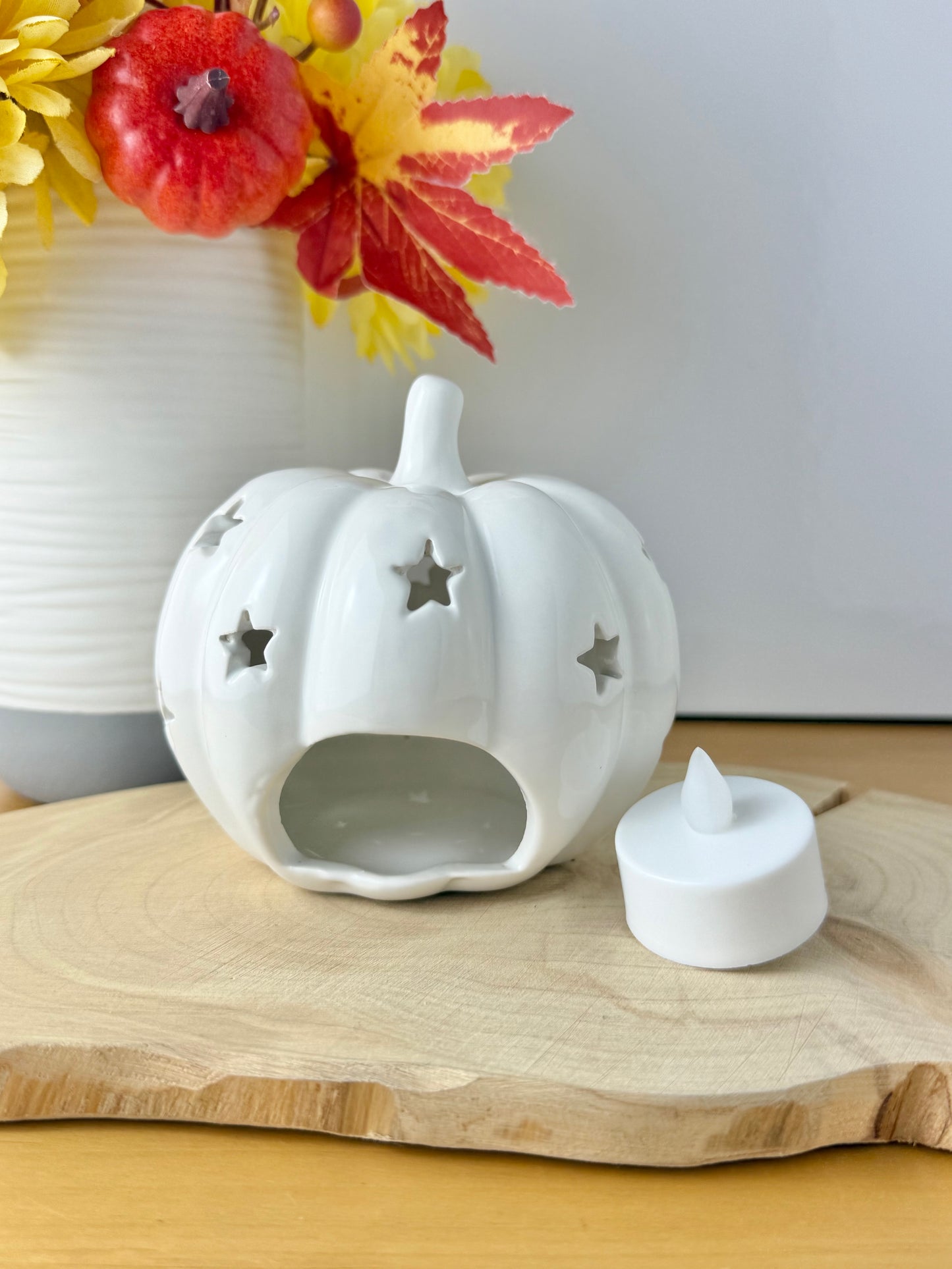White Ceramic Pumpkin T-light Holder with cutout stars