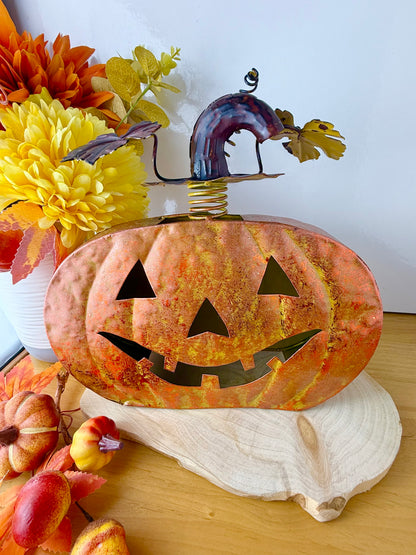 Rustic Orange Metal Pumpkin decoration with decorative stalk