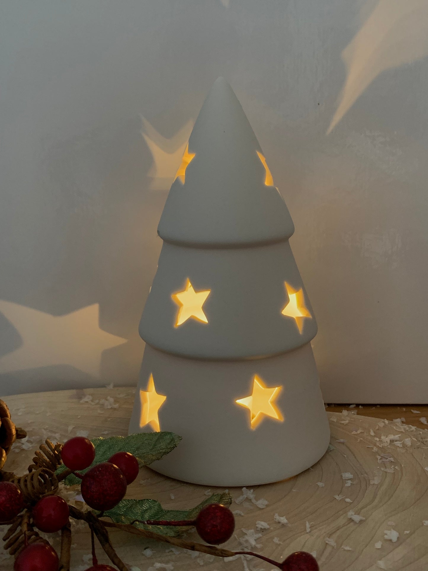 White Ceramic LED Christmas Tree with Star cutouts