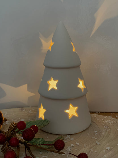 White Ceramic LED Christmas Tree with Star cutouts