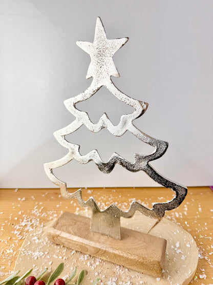 Wooden Base Silver Christmas Tree with Star - 2 Sizes