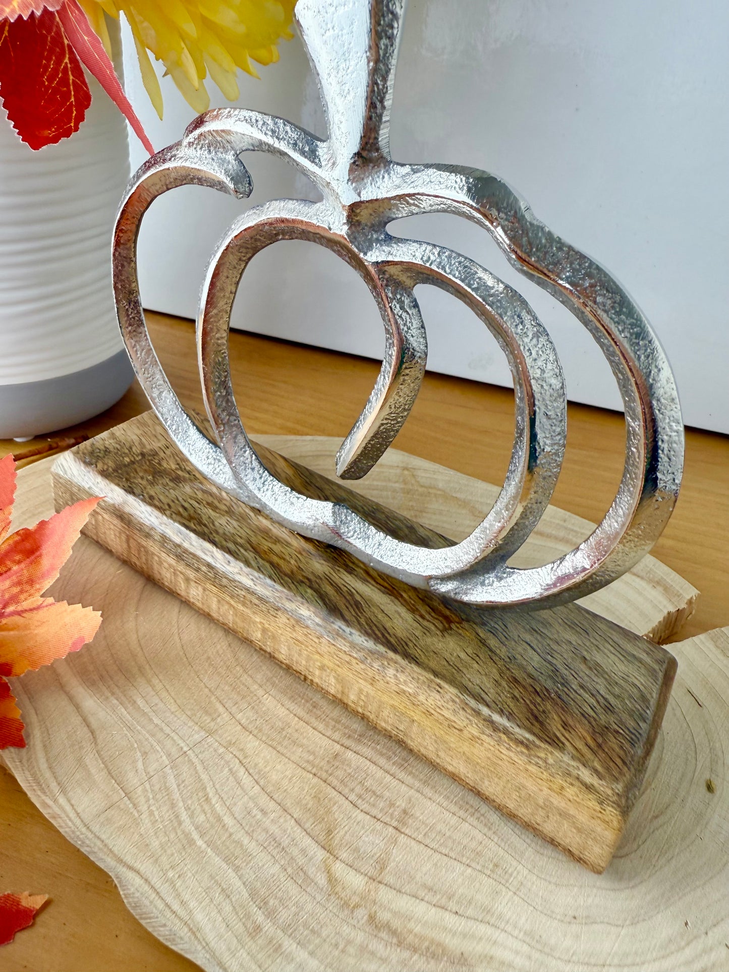 Wooden Base Silver Pumpkin