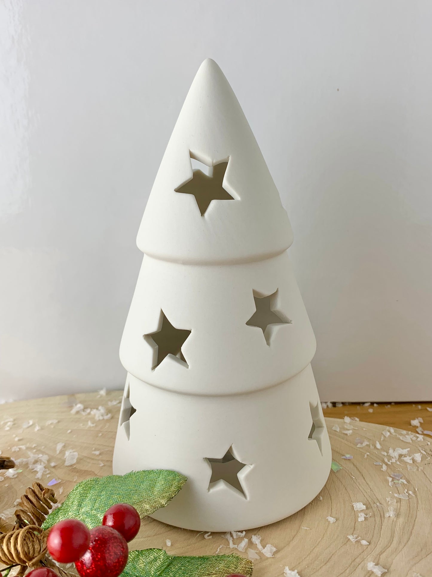 White Ceramic LED Christmas Tree with Star cutouts