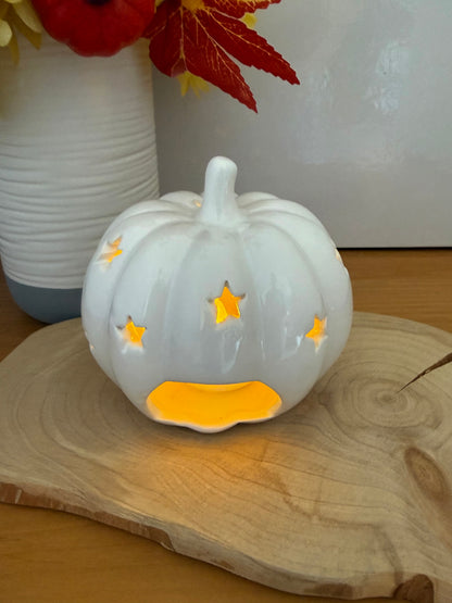 White Ceramic Pumpkin T-light Holder with cutout stars