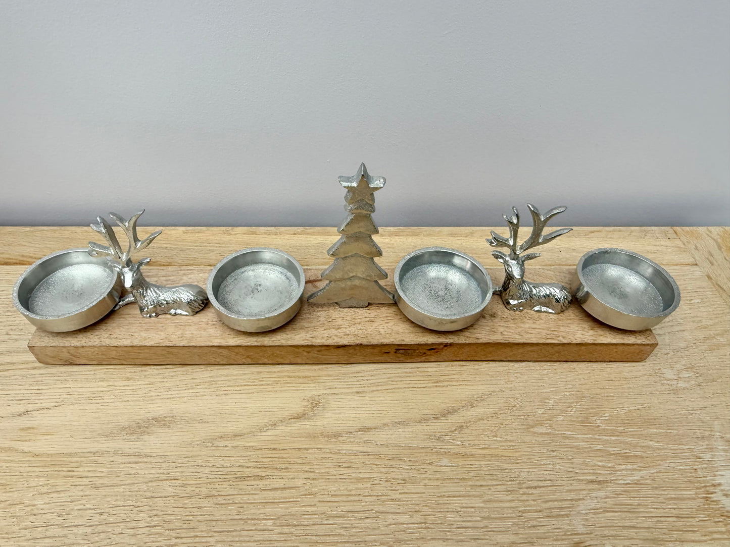 Wooden Silver Reindeer and Christmas Tree T-light holder