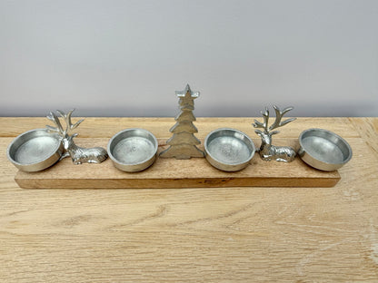 Wooden Silver Reindeer and Christmas Tree T-light holder