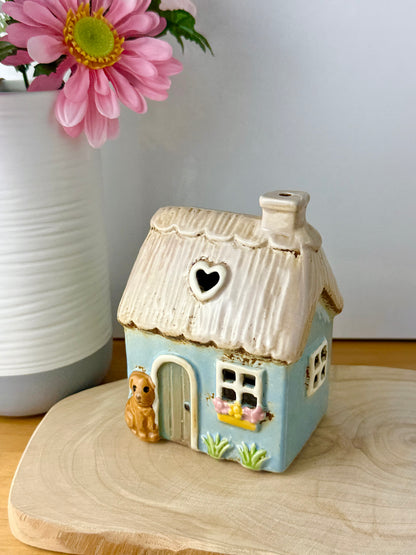 Village Pottery Blue Garden Thatched Cottage Tea Light Holder