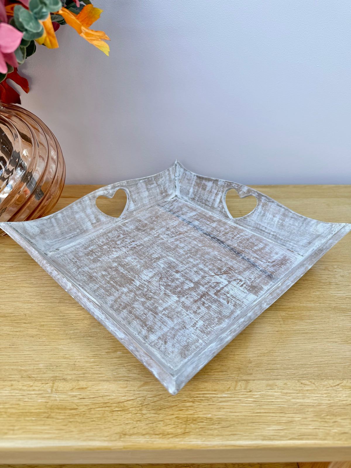 Wooden square tray with heart cutouts