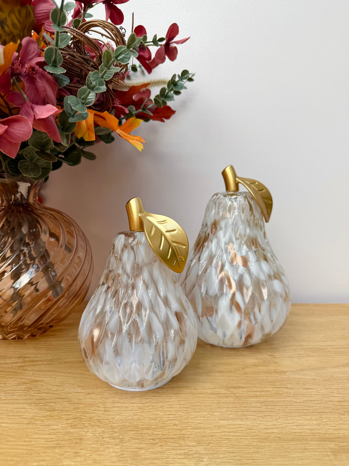Diamond Cut Light Up Pear - Mottled Amber with gold leaf - 2 Sizes