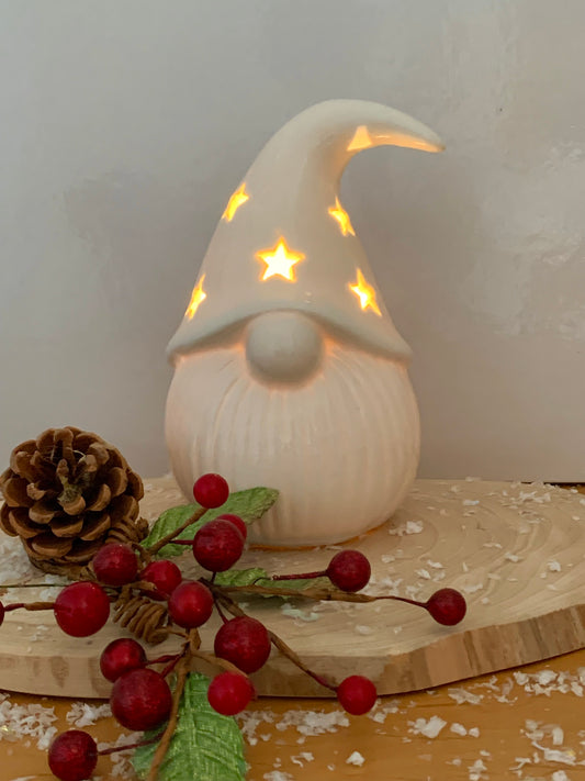 White Ceramic LED Santa with Star cutouts