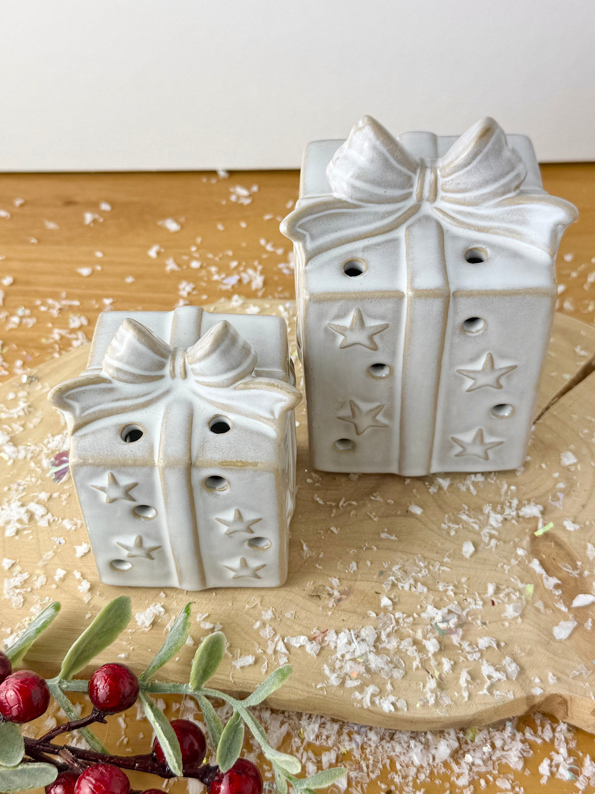 Light Up Ceramic Christmas Present with Bow - 2 Sizes