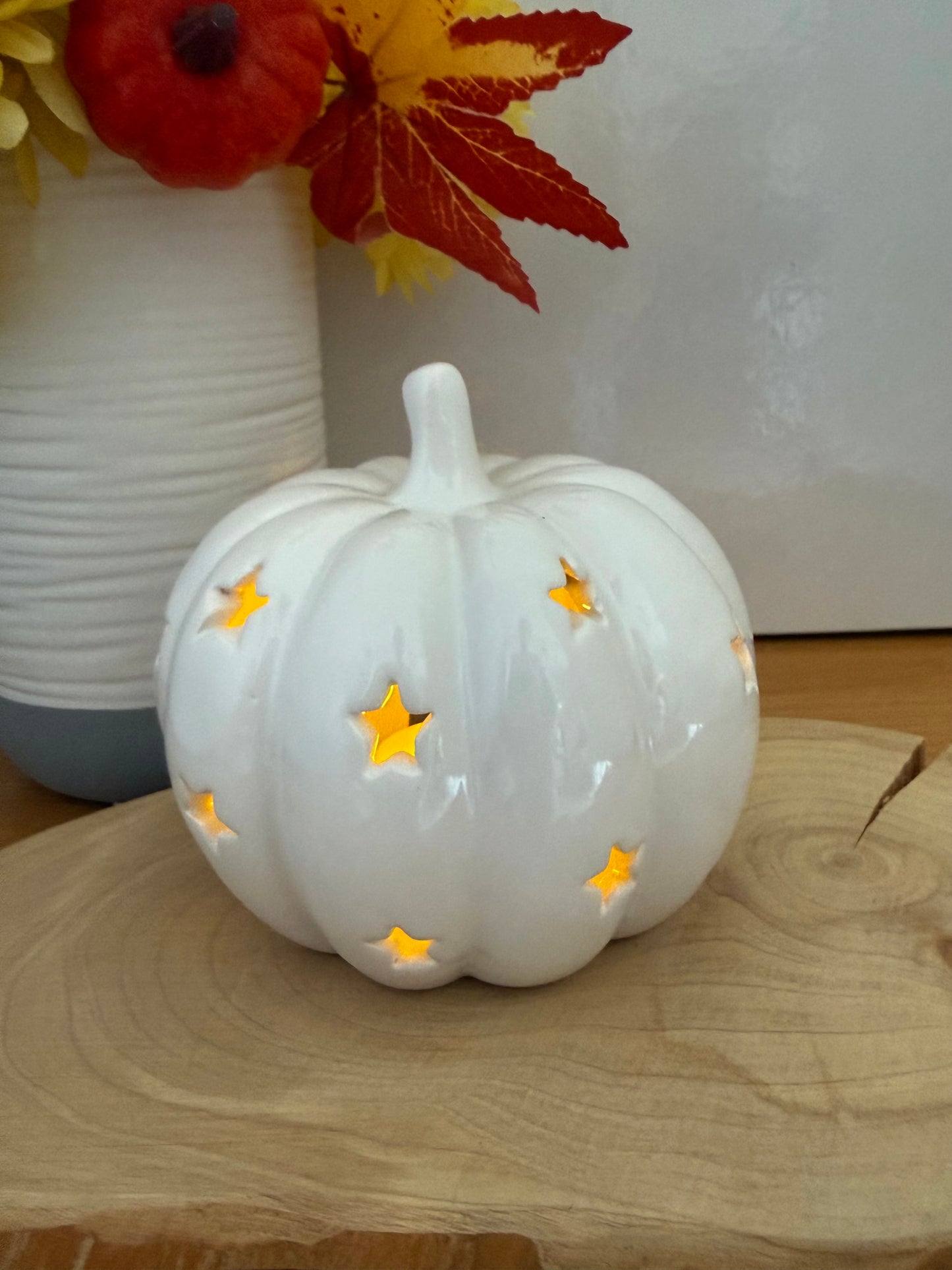 White Ceramic Pumpkin T-light Holder with cutout stars