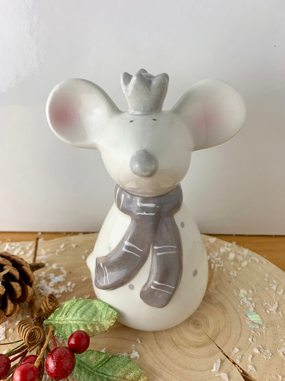 White Ceramic Mouse with crown & scarf