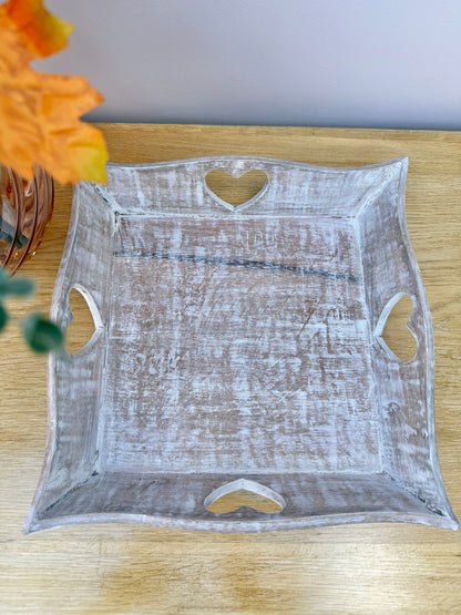 Wooden square tray with heart cutouts