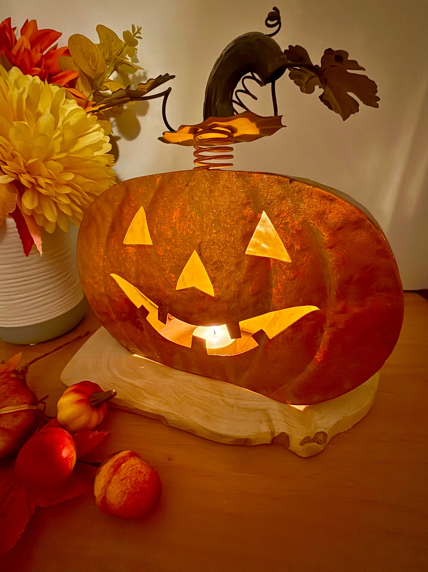 Rustic Orange Metal Pumpkin decoration with decorative stalk