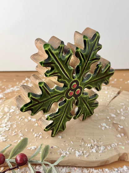 Wood & Enamel Holly Decoration