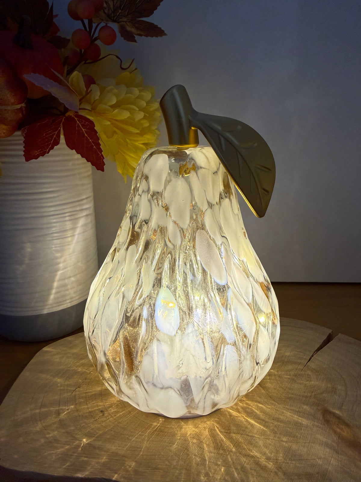 Diamond Cut Light Up Pear - Mottled Amber with gold leaf - 2 Sizes