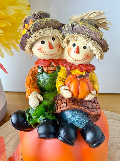 Harvest Scarecrow couple sat on a pumpkin