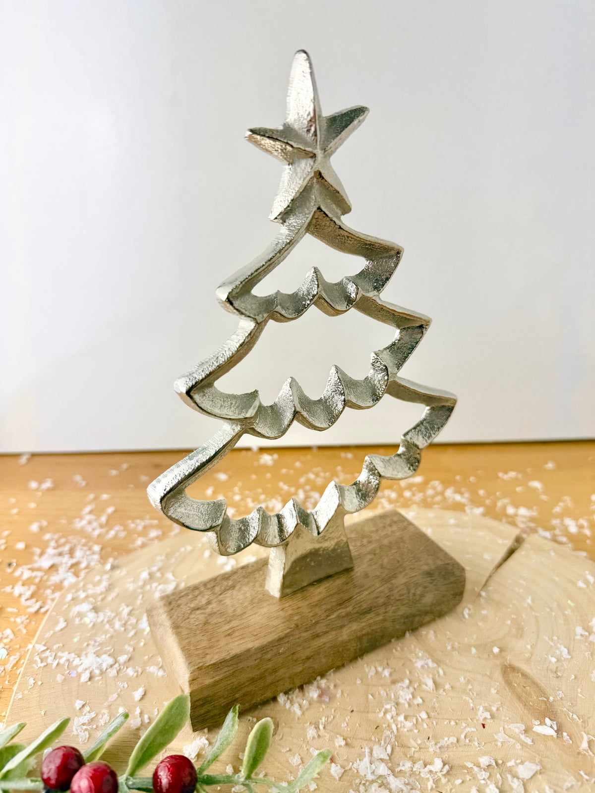 Wooden Base Silver Christmas Tree with Star - 2 Sizes