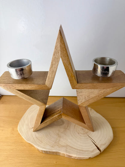 Wooden Star with silver T-light holders