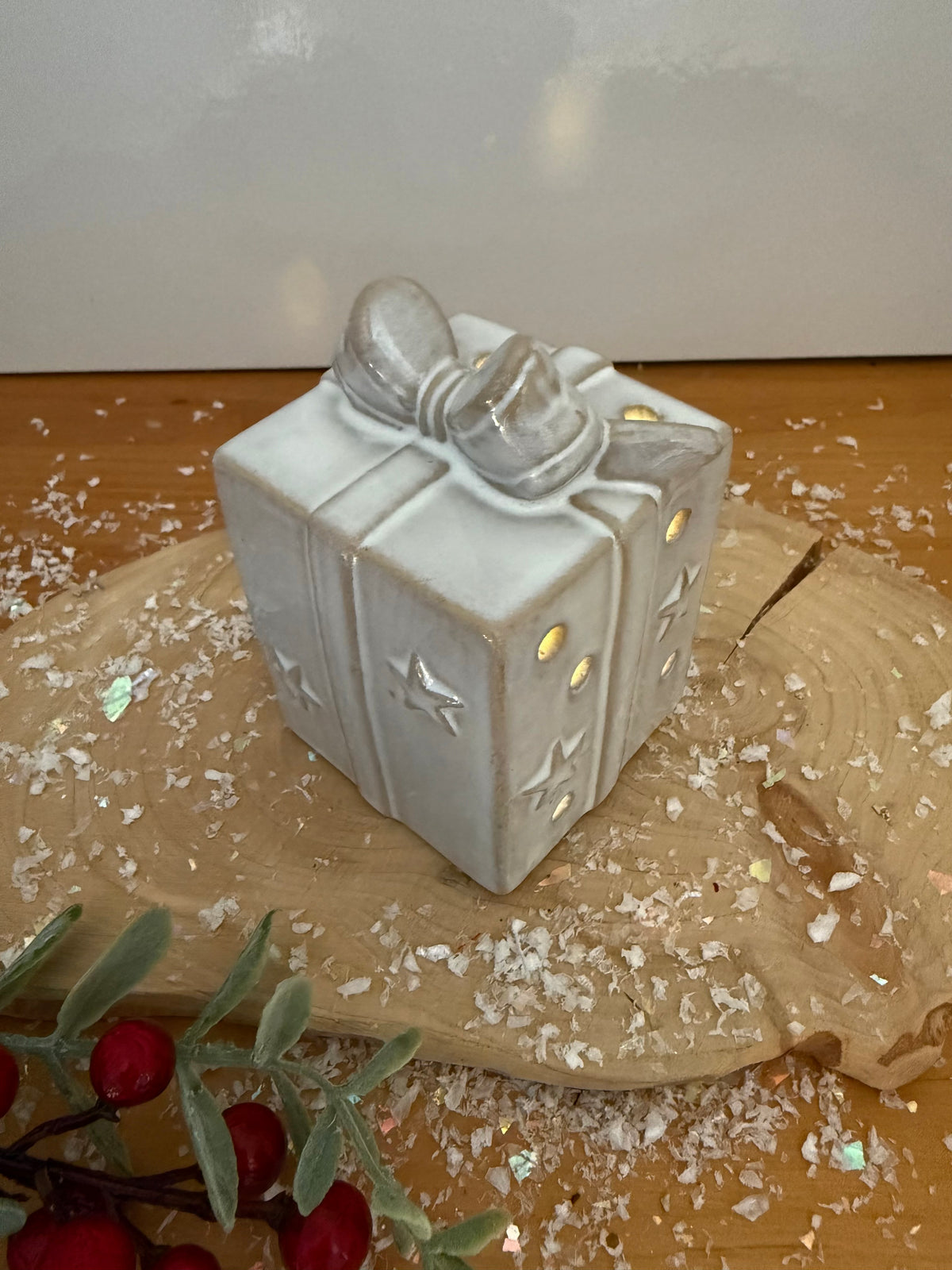 Light Up Ceramic Christmas Present with Bow - 2 Sizes