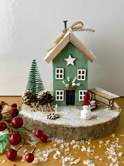 Christmas Cottage - Green with Snowman