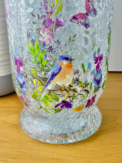 Floral Bird Hurricane Glass Vase - medium