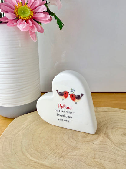 Robin Forget me Not standing ceramic heart