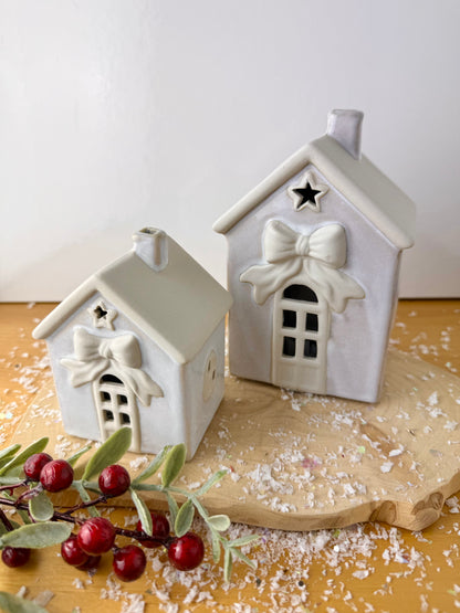 Light Up Natural Bow Ceramic House - 2 Sizes