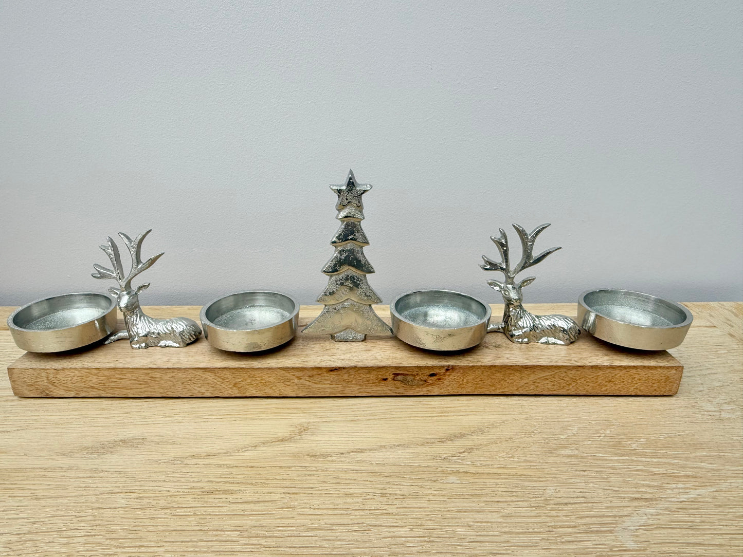 Wooden Silver Reindeer and Christmas Tree T-light holder