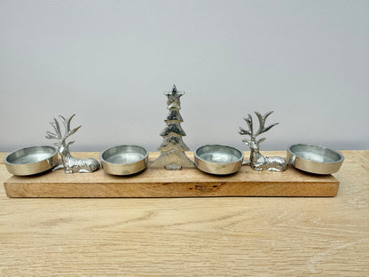 Wooden Silver Reindeer and Christmas Tree T-light holder