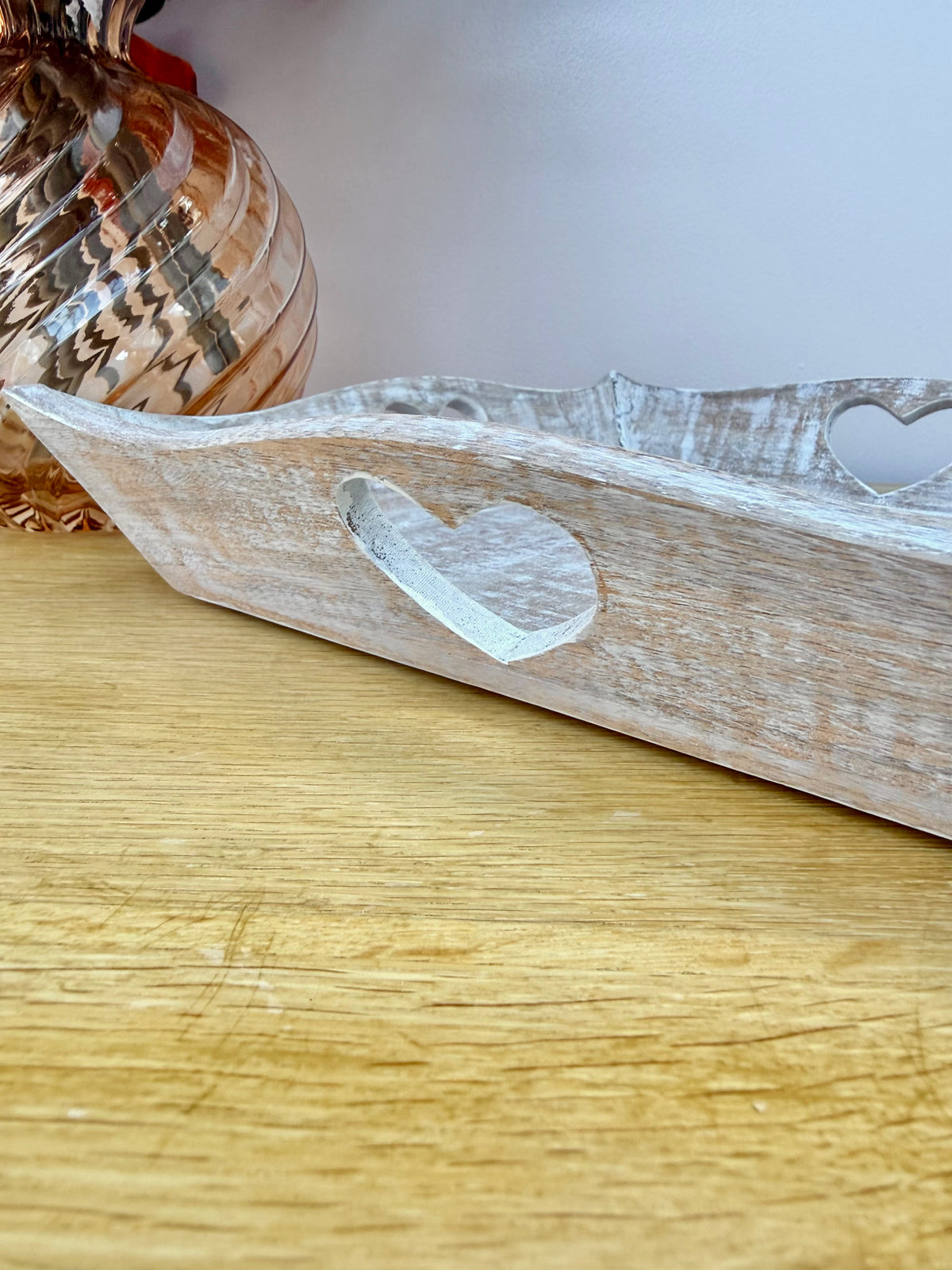 Wooden square tray with heart cutouts
