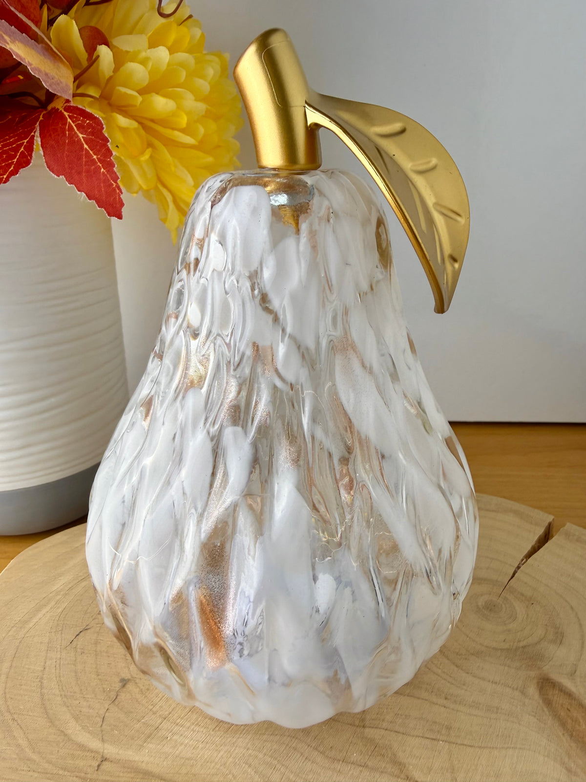 Diamond Cut Light Up Pear - Mottled Amber with gold leaf - 2 Sizes