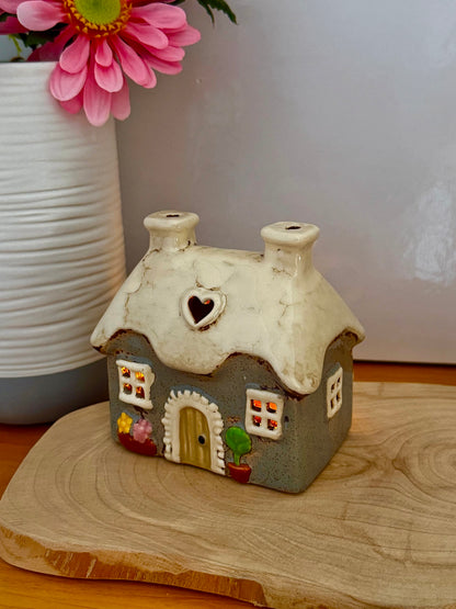 Village Pottery Grey mini heart Cottage Tea Light Holder