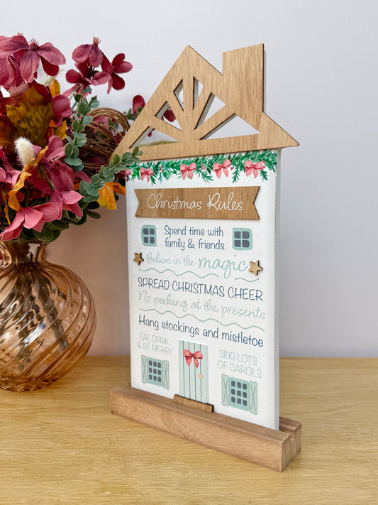 Holly Cottage Christmas Rules Wooden House Sign