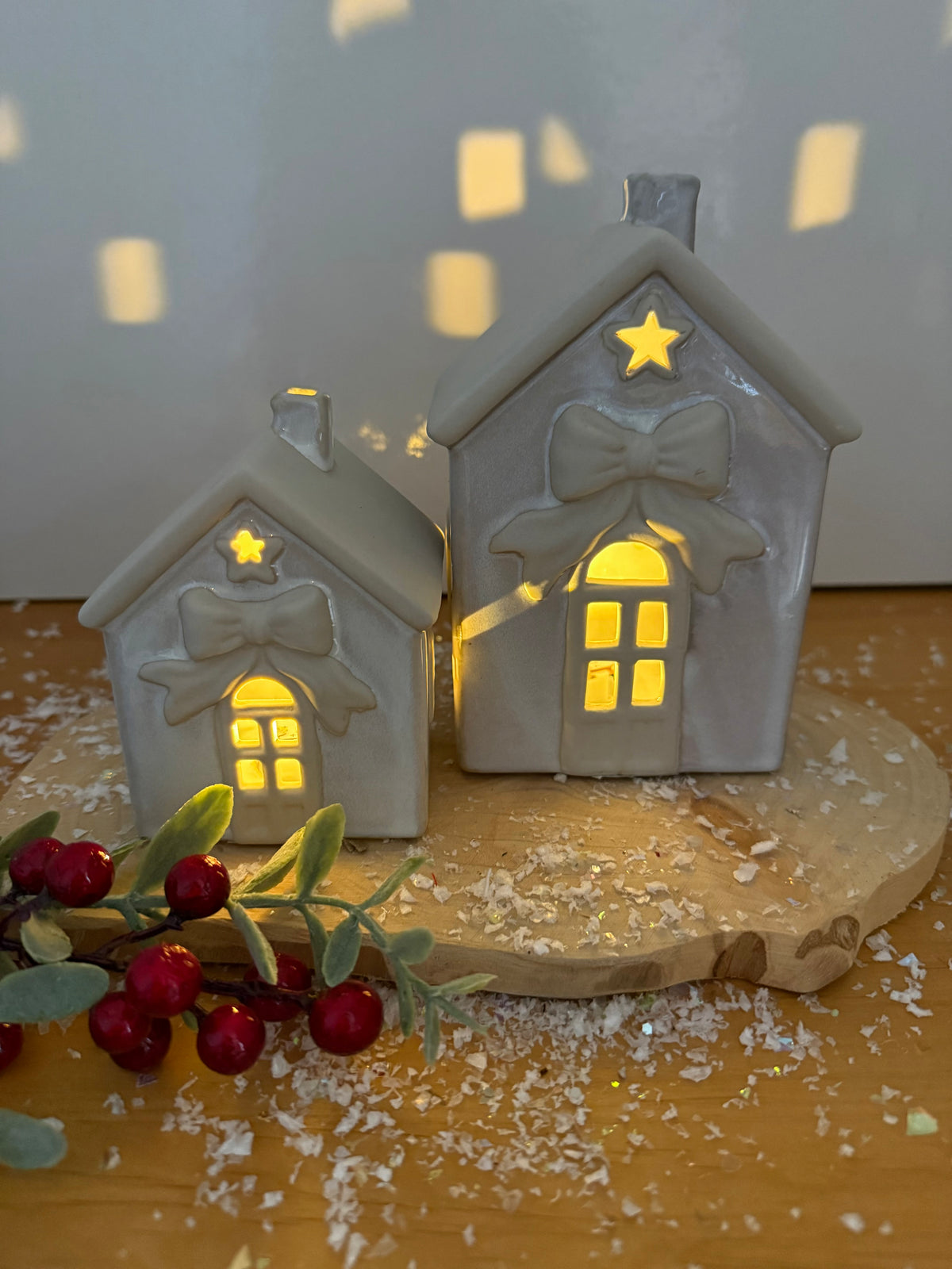 Light Up Natural Bow Ceramic House - 2 Sizes