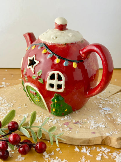 Village Pottery Christmas Teapot House
