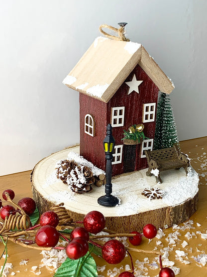 Christmas Cottage - Red with Bench & Street Light