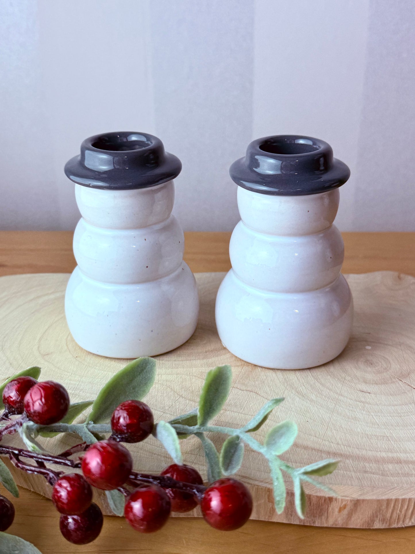 Snowman Ceramic Candle holders - pair