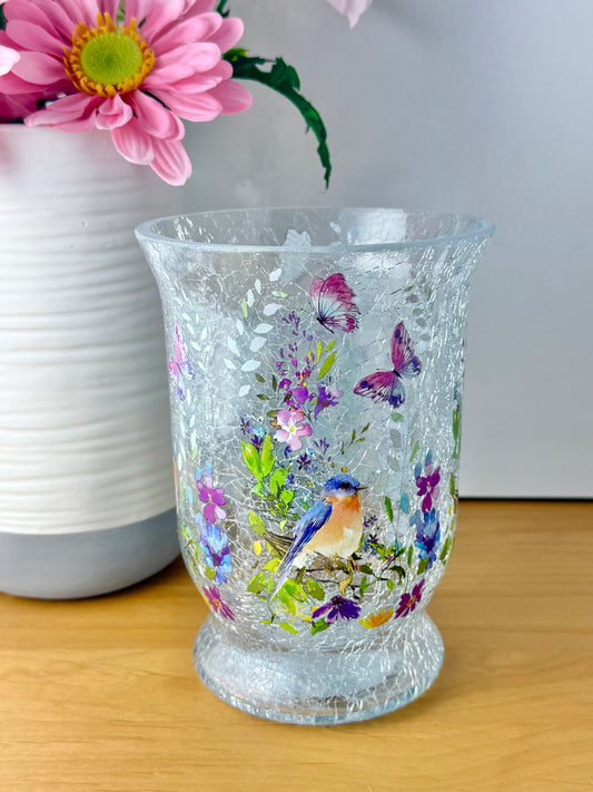 Floral Bird Hurricane Glass Vase - medium