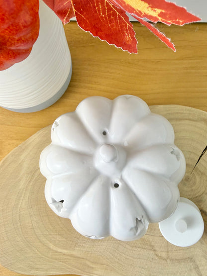 White Ceramic Pumpkin T-light Holder with cutout stars