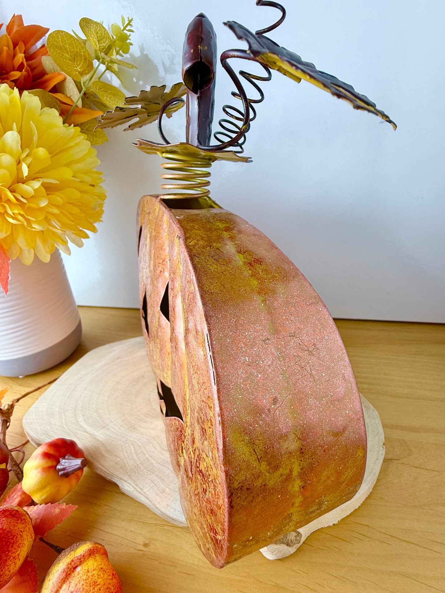 Rustic Orange Metal Pumpkin decoration with decorative stalk