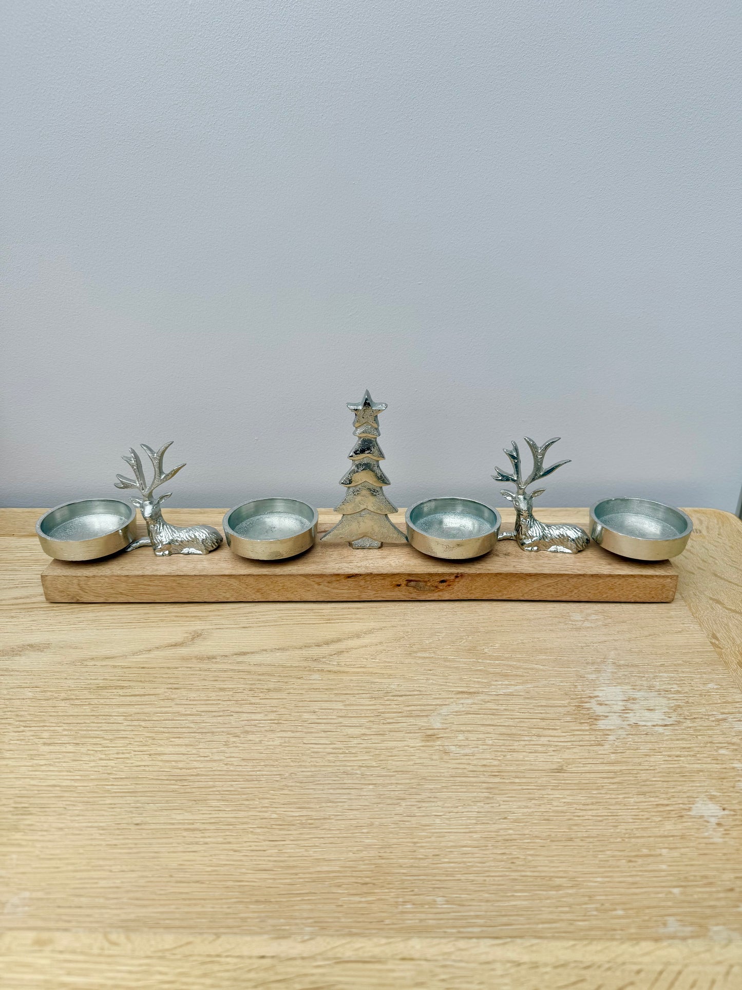 Wooden Silver Reindeer and Christmas Tree T-light holder