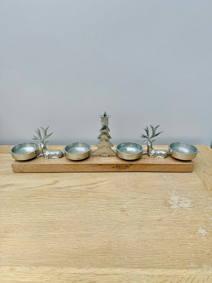 Wooden Silver Reindeer and Christmas Tree T-light holder